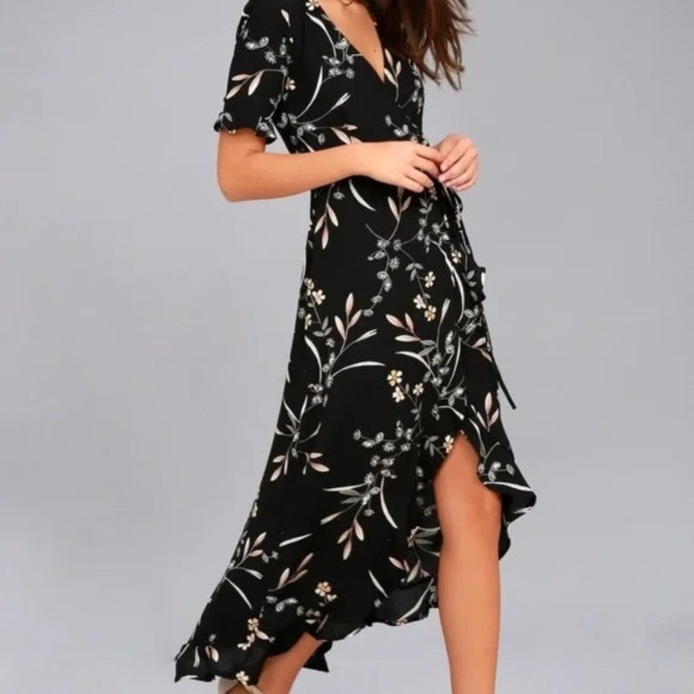 Wild Winds Black Floral Print High-Low Wrap Dress